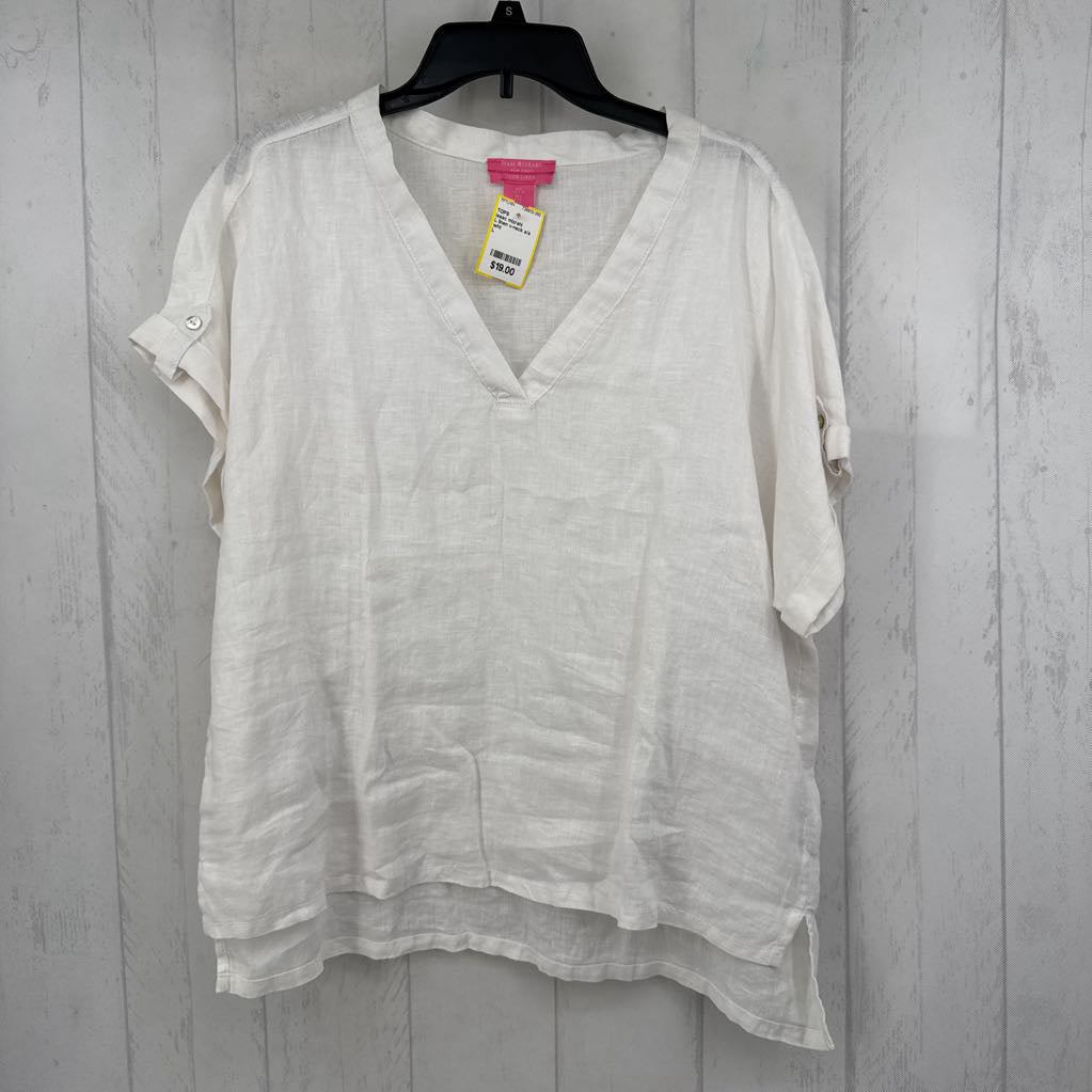 L linen v-neck s/s hi-lo top