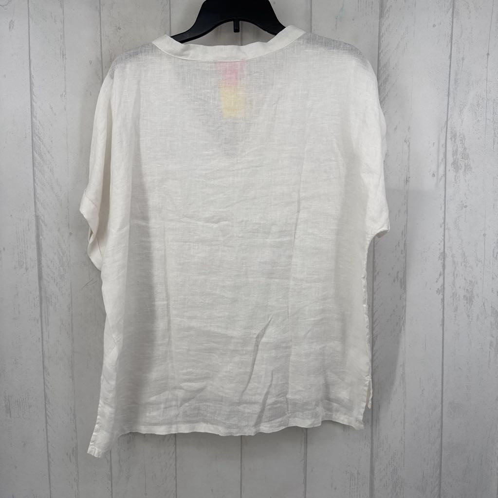 L linen v-neck s/s hi-lo top