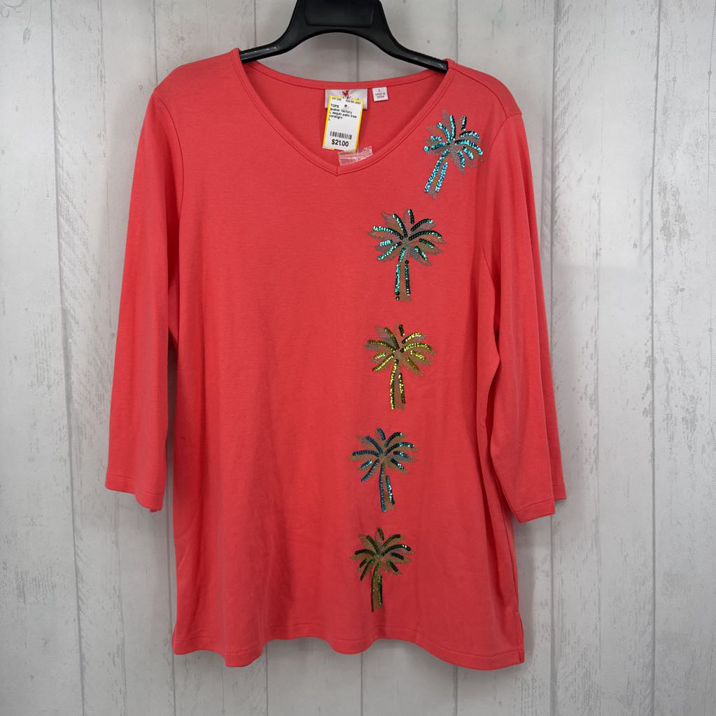 L sequin palm tree v-neck 3/4 slv top