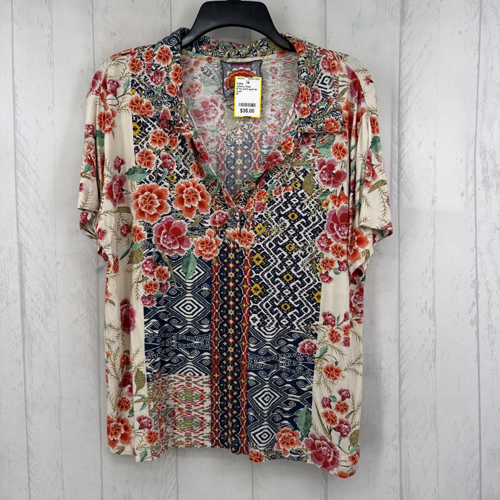 M flo print quarter button down s/s top