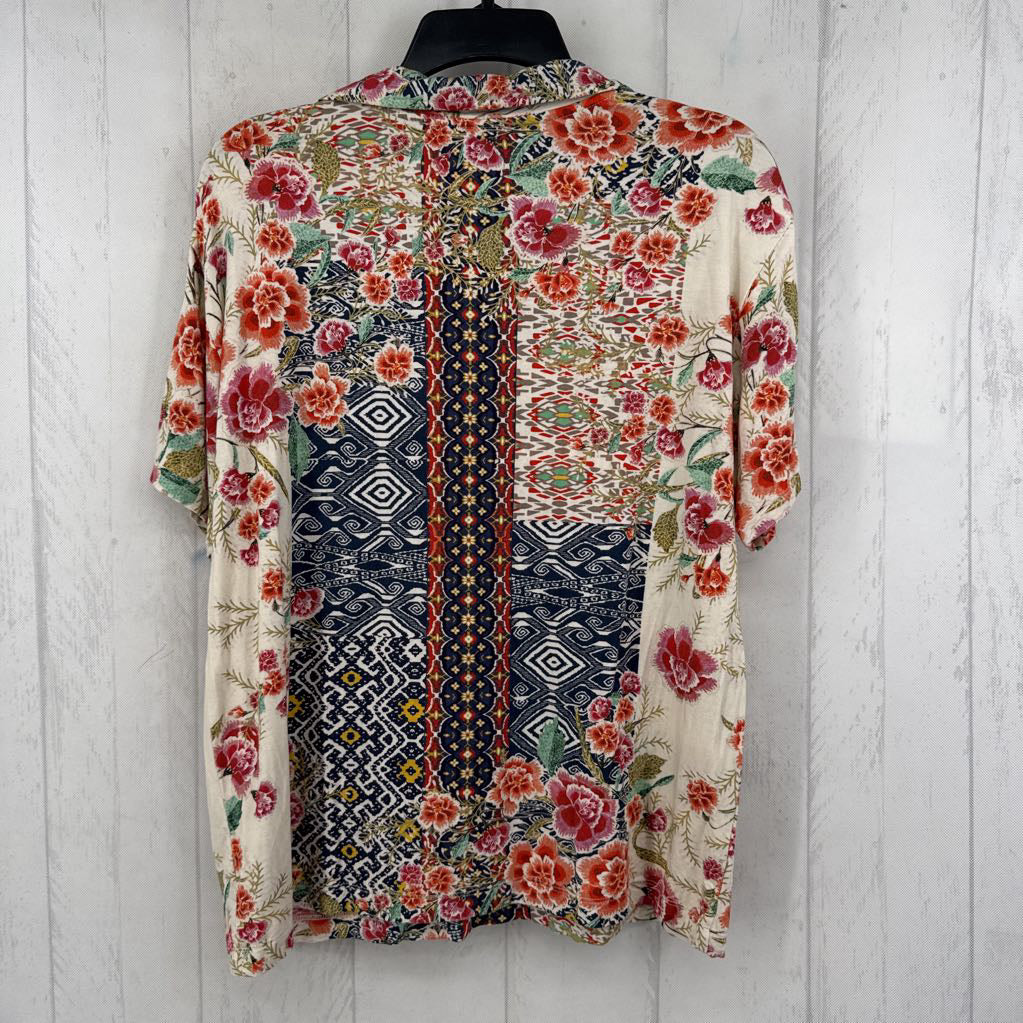 M flo print quarter button down s/s top