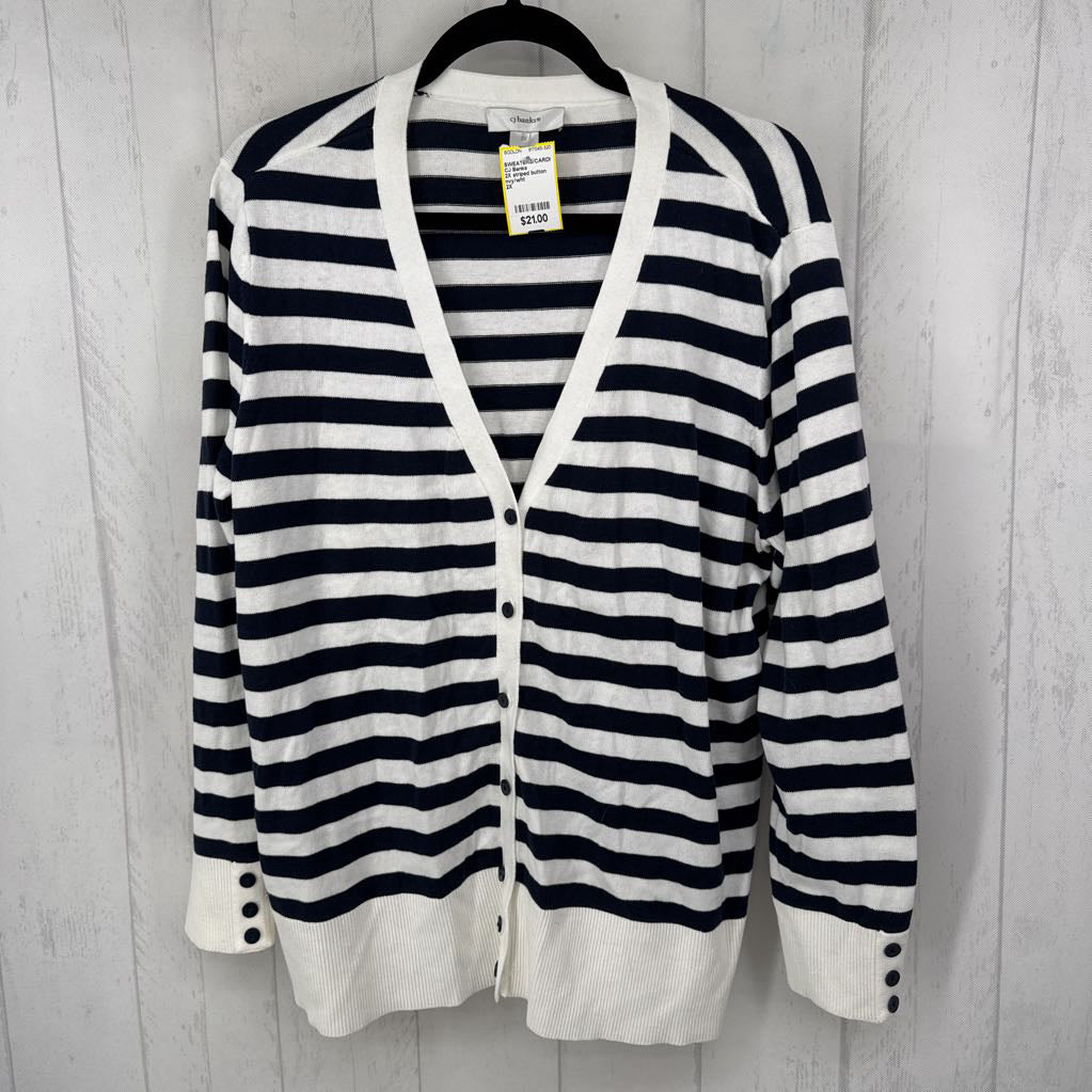 2X striped button front 3/4 slv cardi