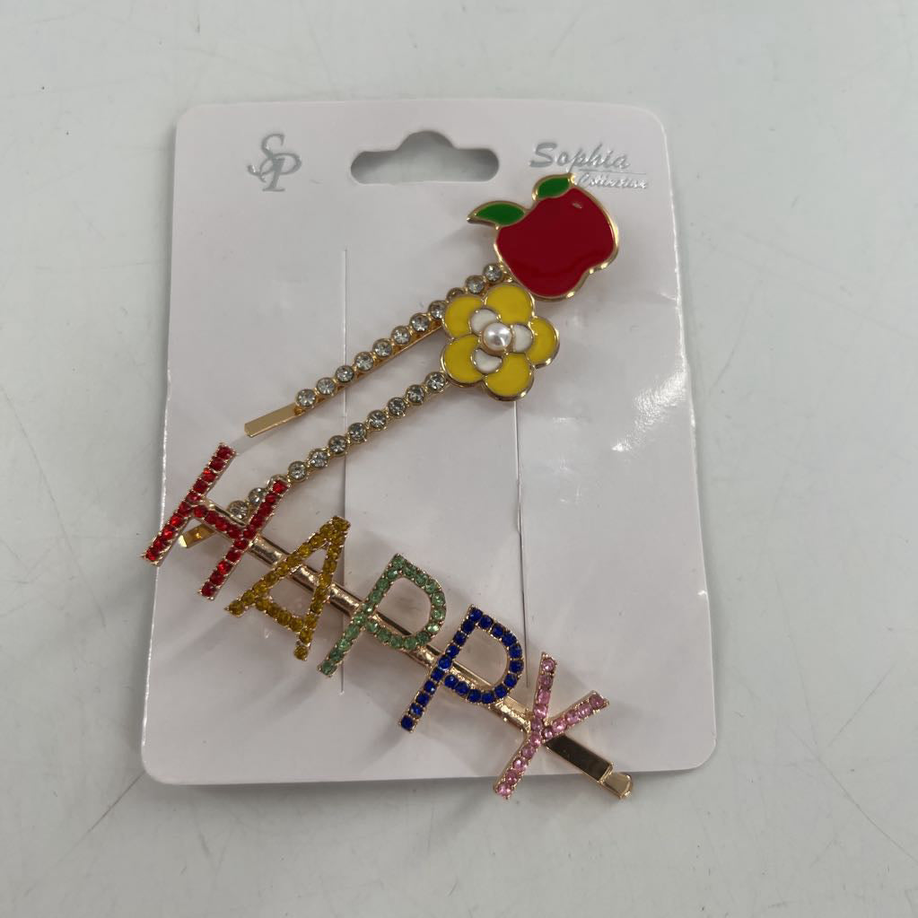 set of 3 hair clips(happy,flower,apple)