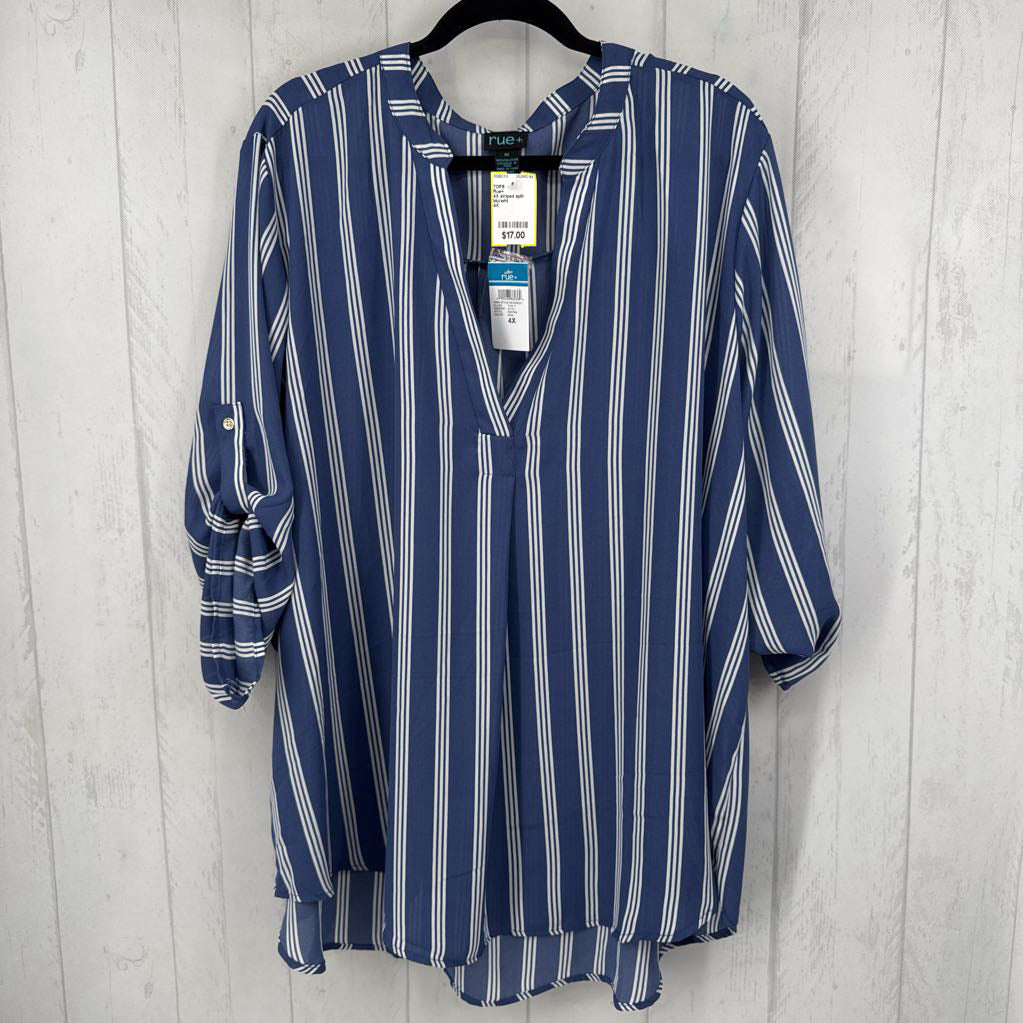 4X striped split neck tab slv top