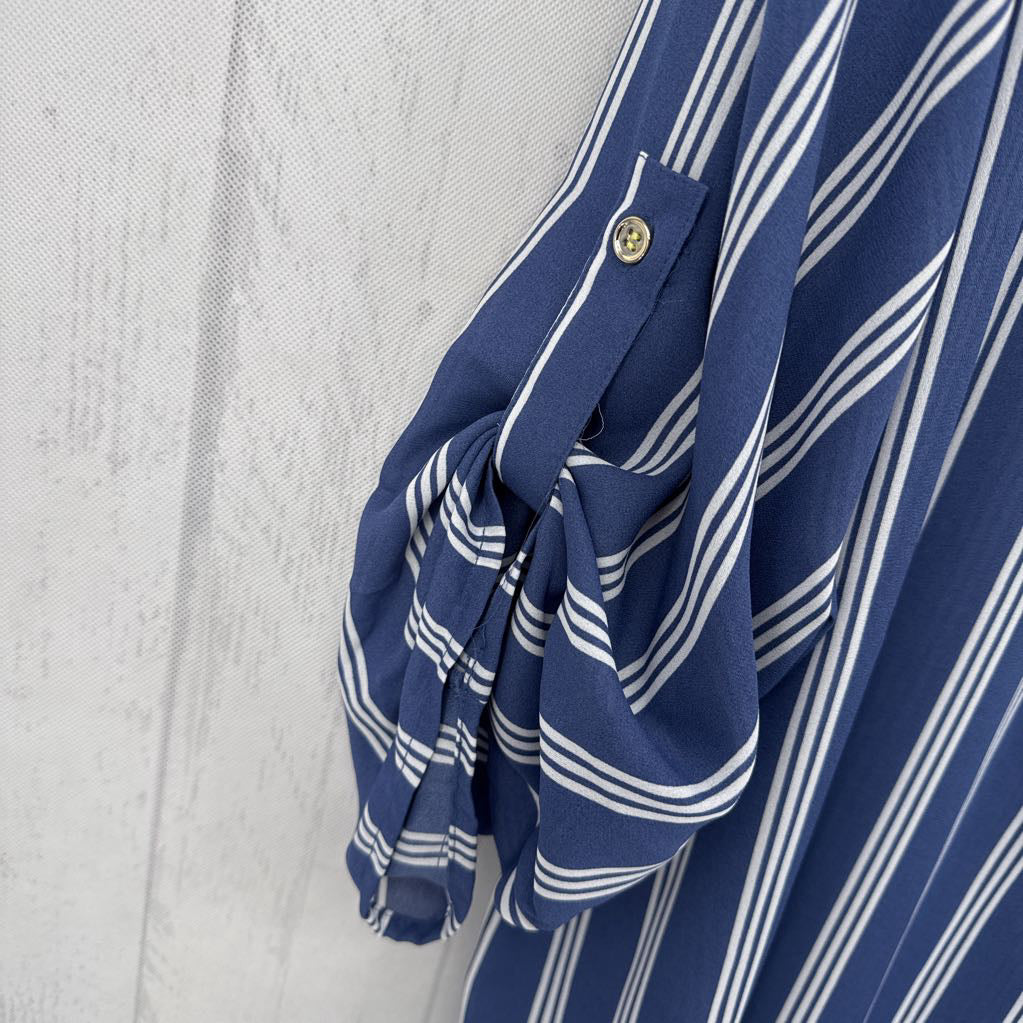 4X striped split neck tab slv top