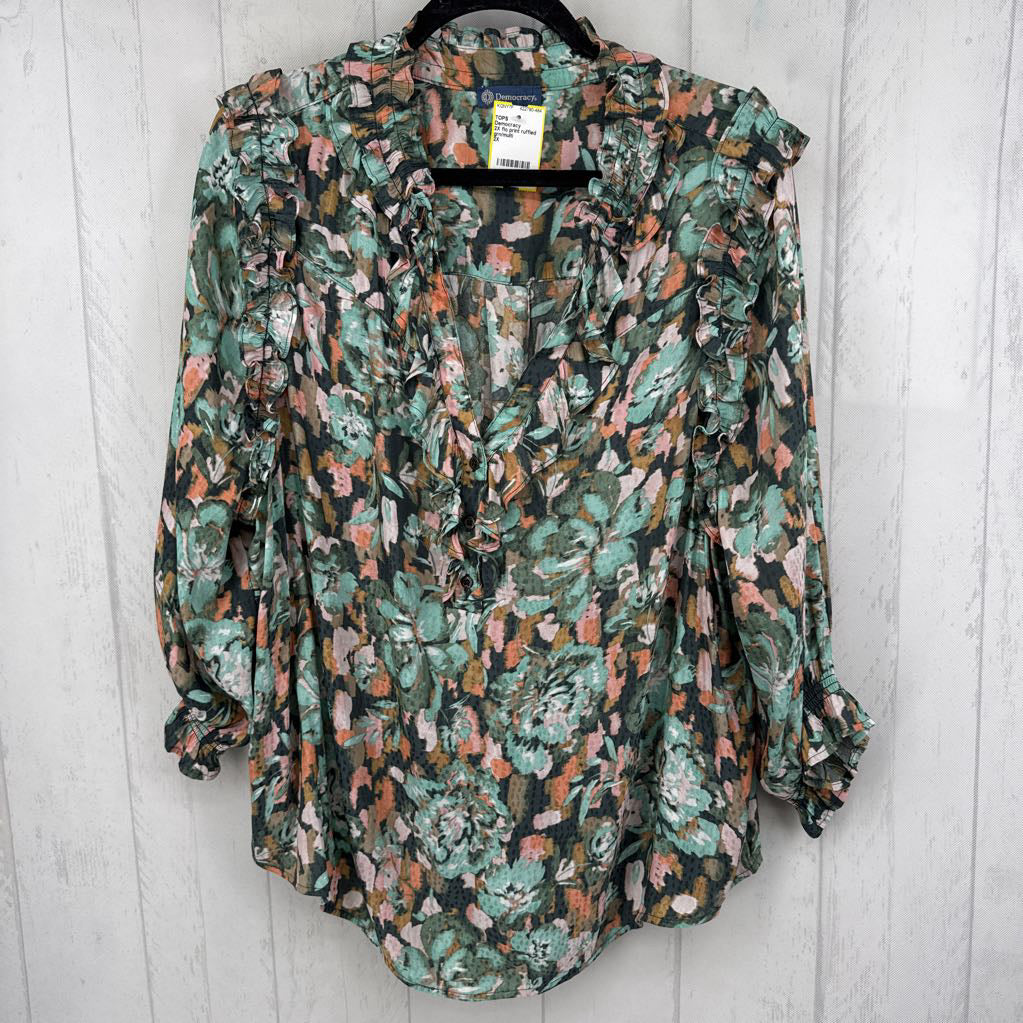 2X flo print ruffled v-neck 3/4 slv top