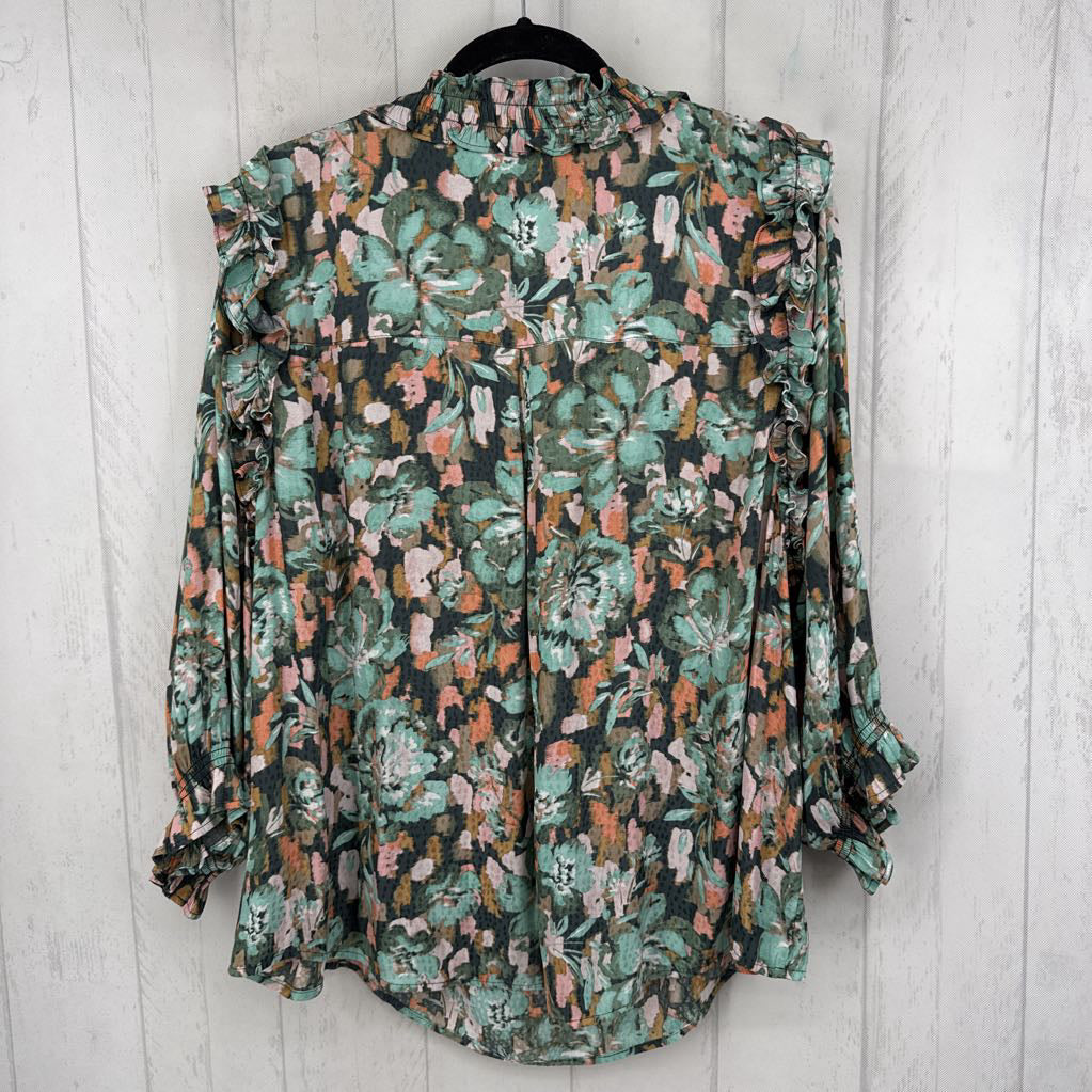 2X flo print ruffled v-neck 3/4 slv top