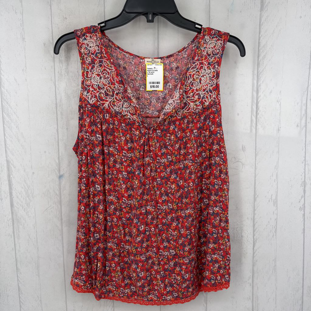 L flo print embroidered split neck tank