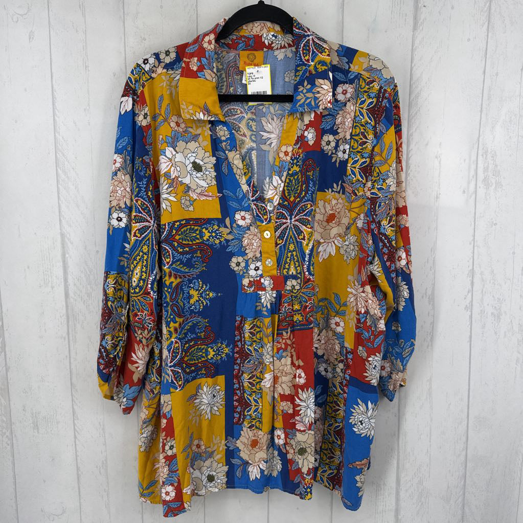 2X flo print 1/2 button down 3/4 slv top