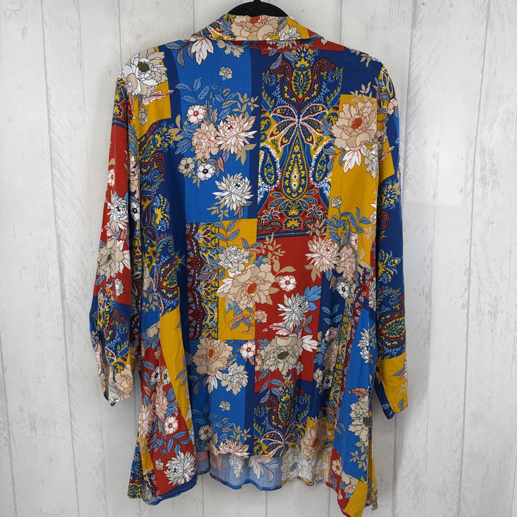 2X flo print 1/2 button down 3/4 slv top