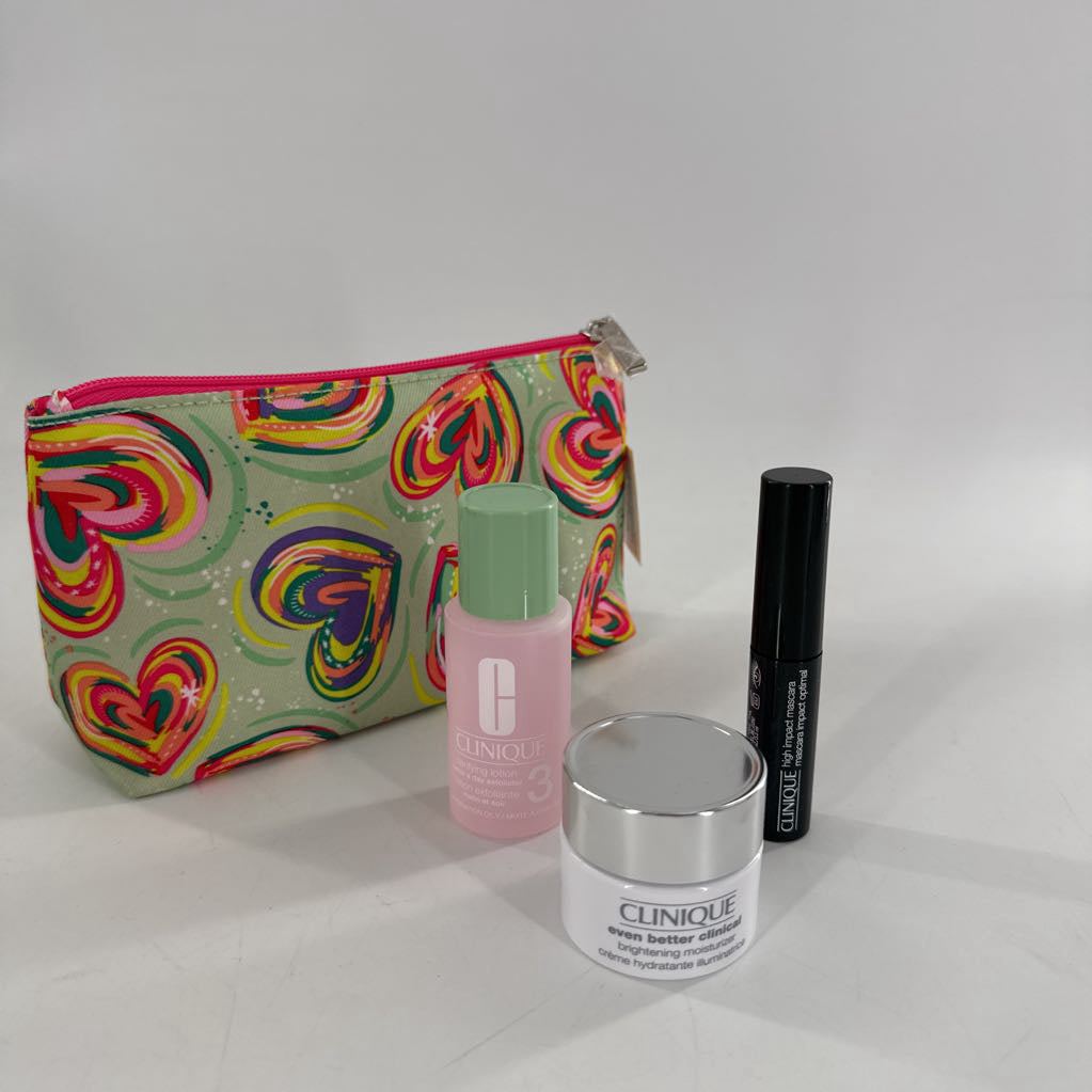heart print cosmetic pouch 3pc set (mascara,clarifying lotion,moisturizer)