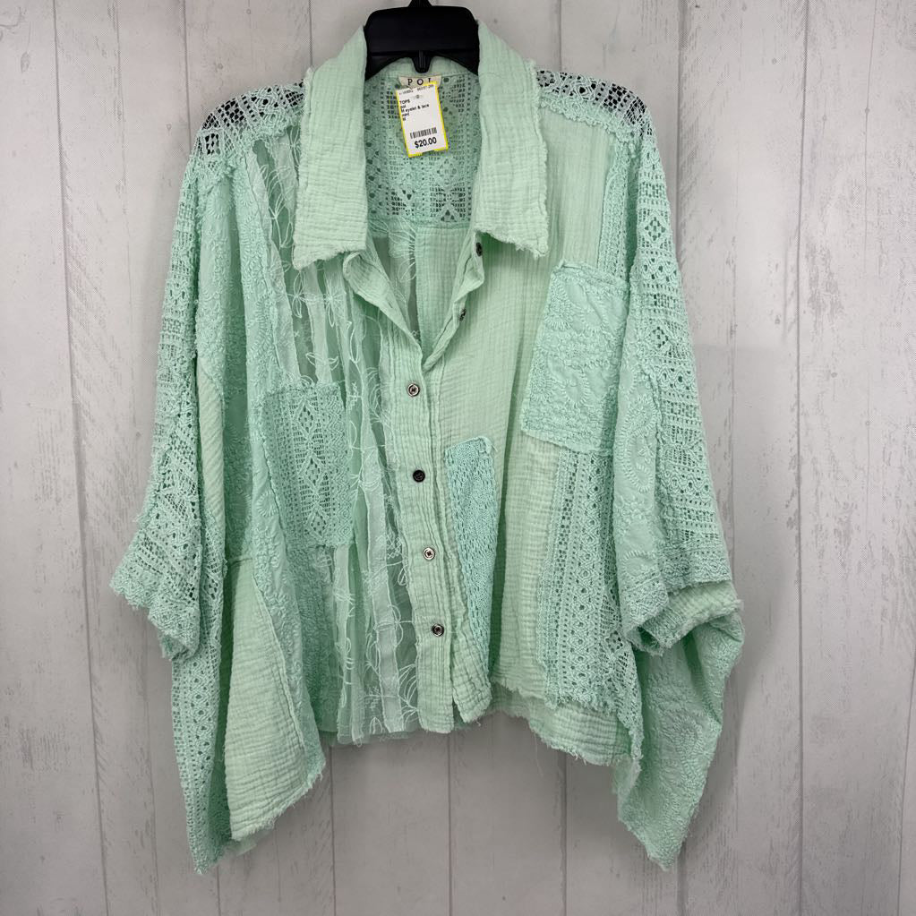 M eyelet & lace dolams slv button down top