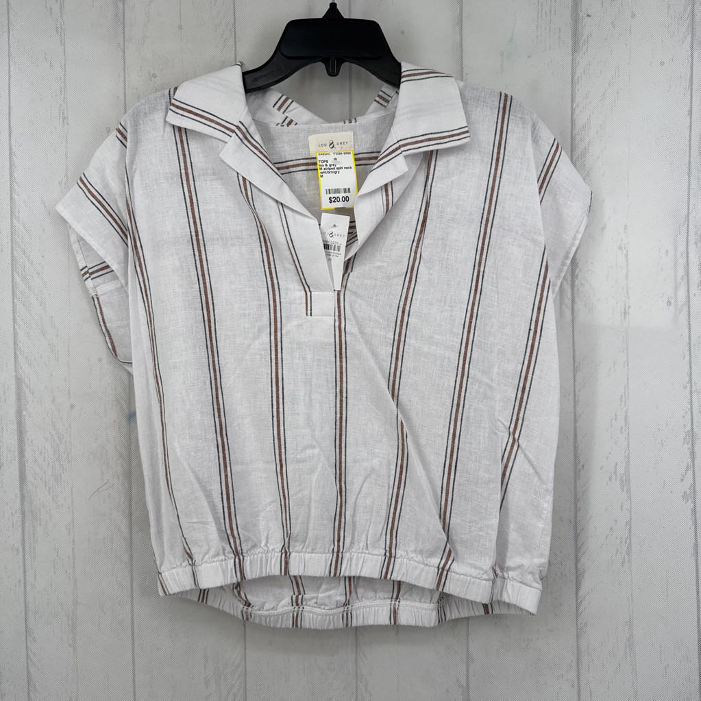 M striped split neck cap slv top