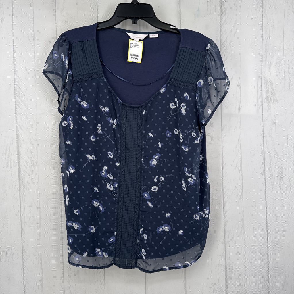 XL flo print lace accent s/s top
