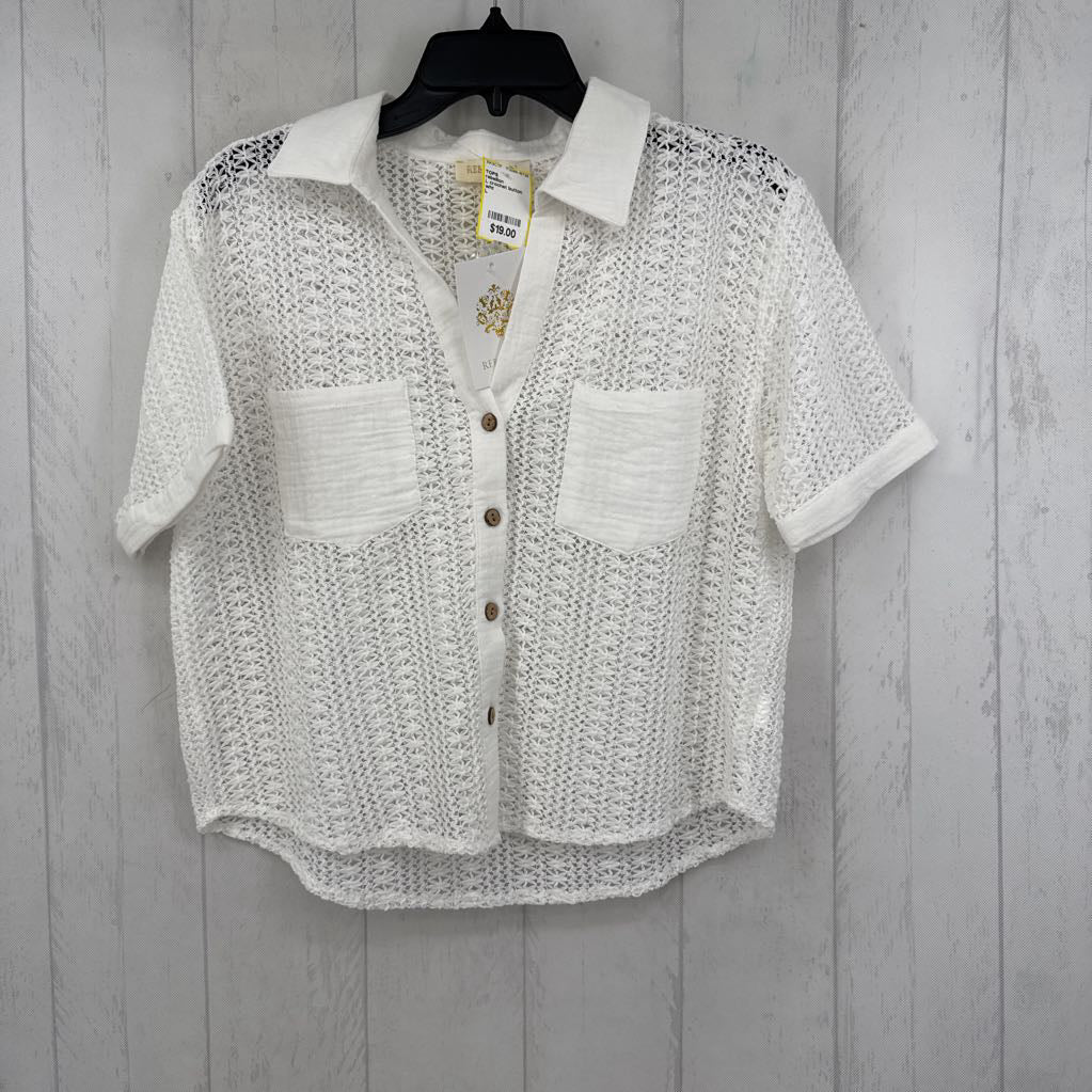 L crochet button down s/s top