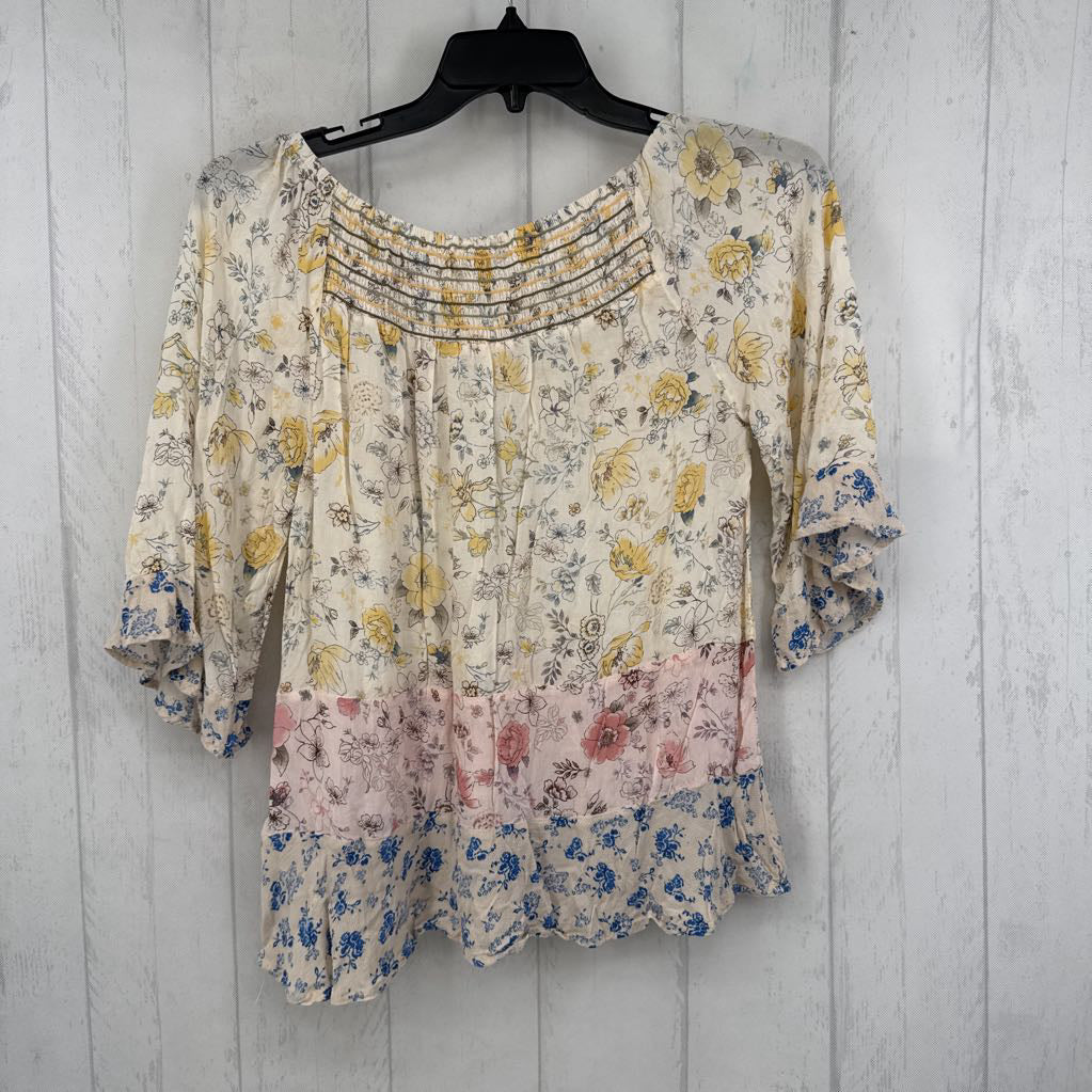 S elbow slv flower print top
