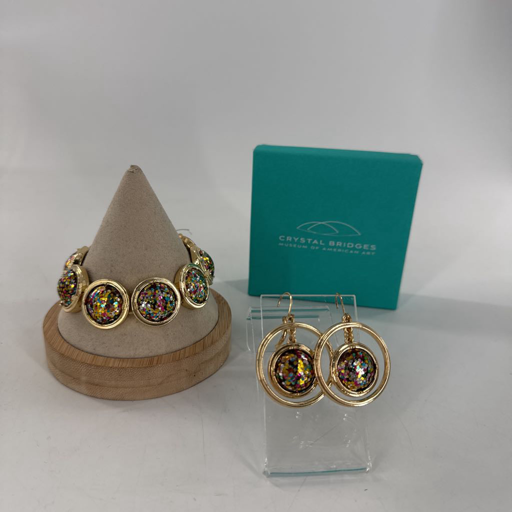 gold tone glitter confetti bracelet & earrings set