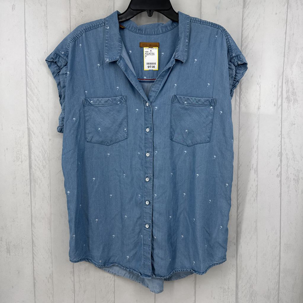 L palm tre print denim button down cap slv top