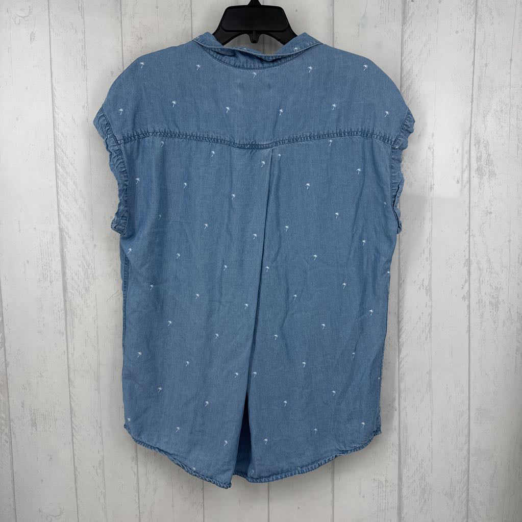 L palm tre print denim button down cap slv top