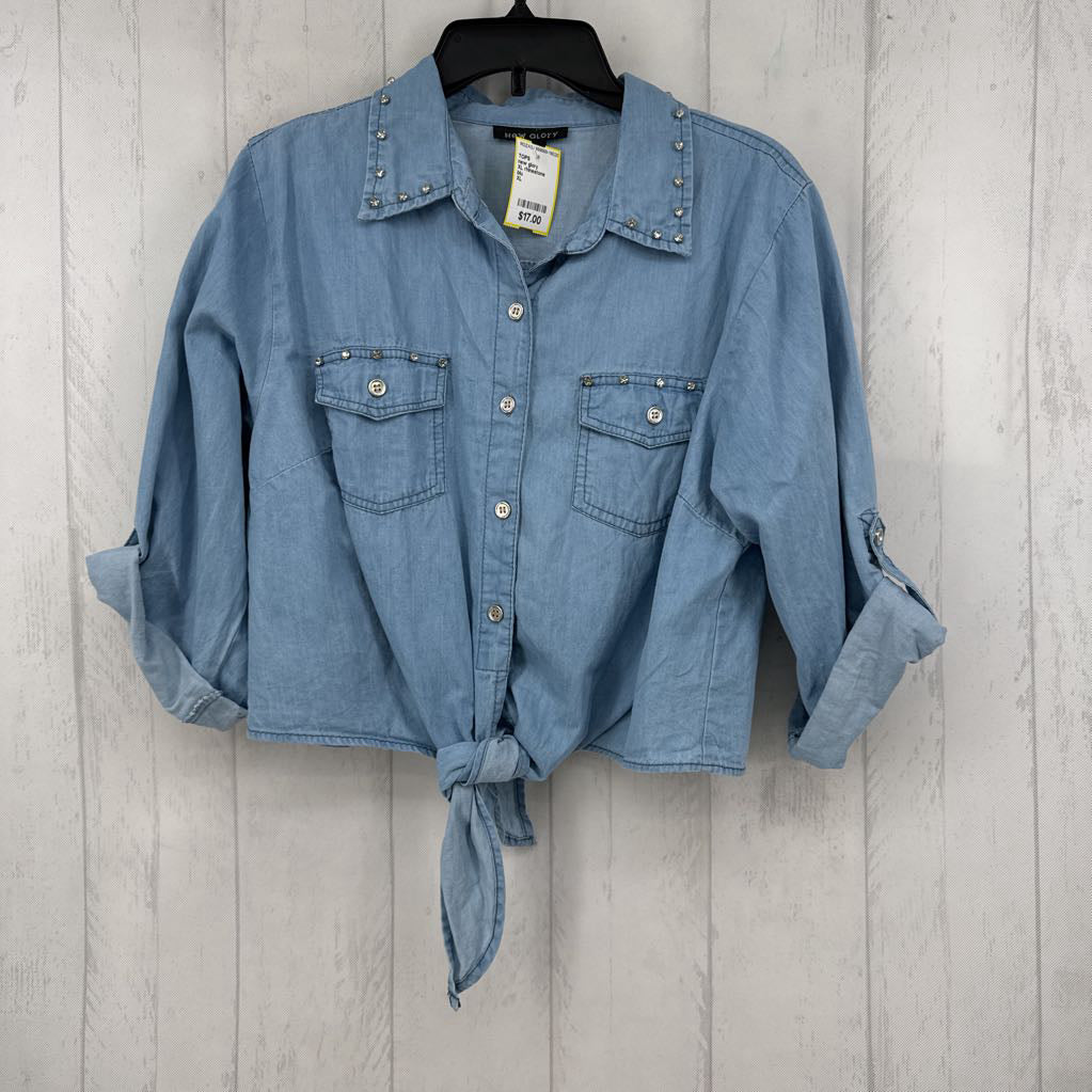 XL rhinestone embelished 3/4 slv denim top