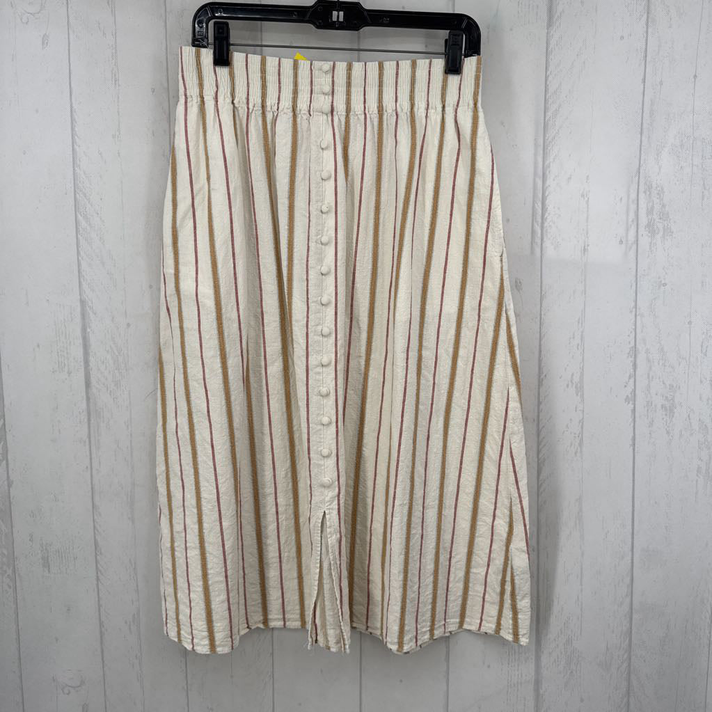 M button front striped pull-on skirt