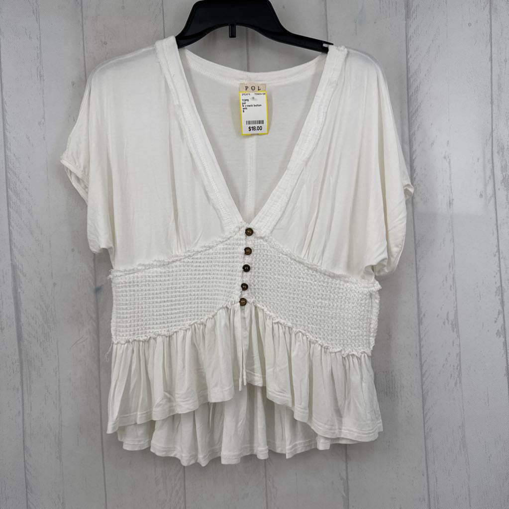 S v-neck button front s/s peplum top