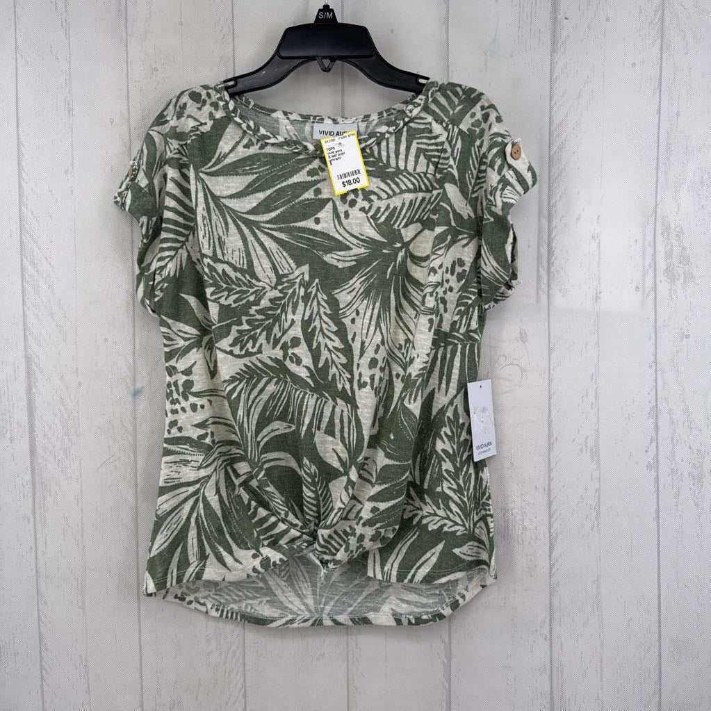 S leaf print gathered hem s/s top
