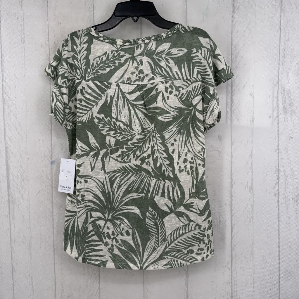 S leaf print gathered hem s/s top