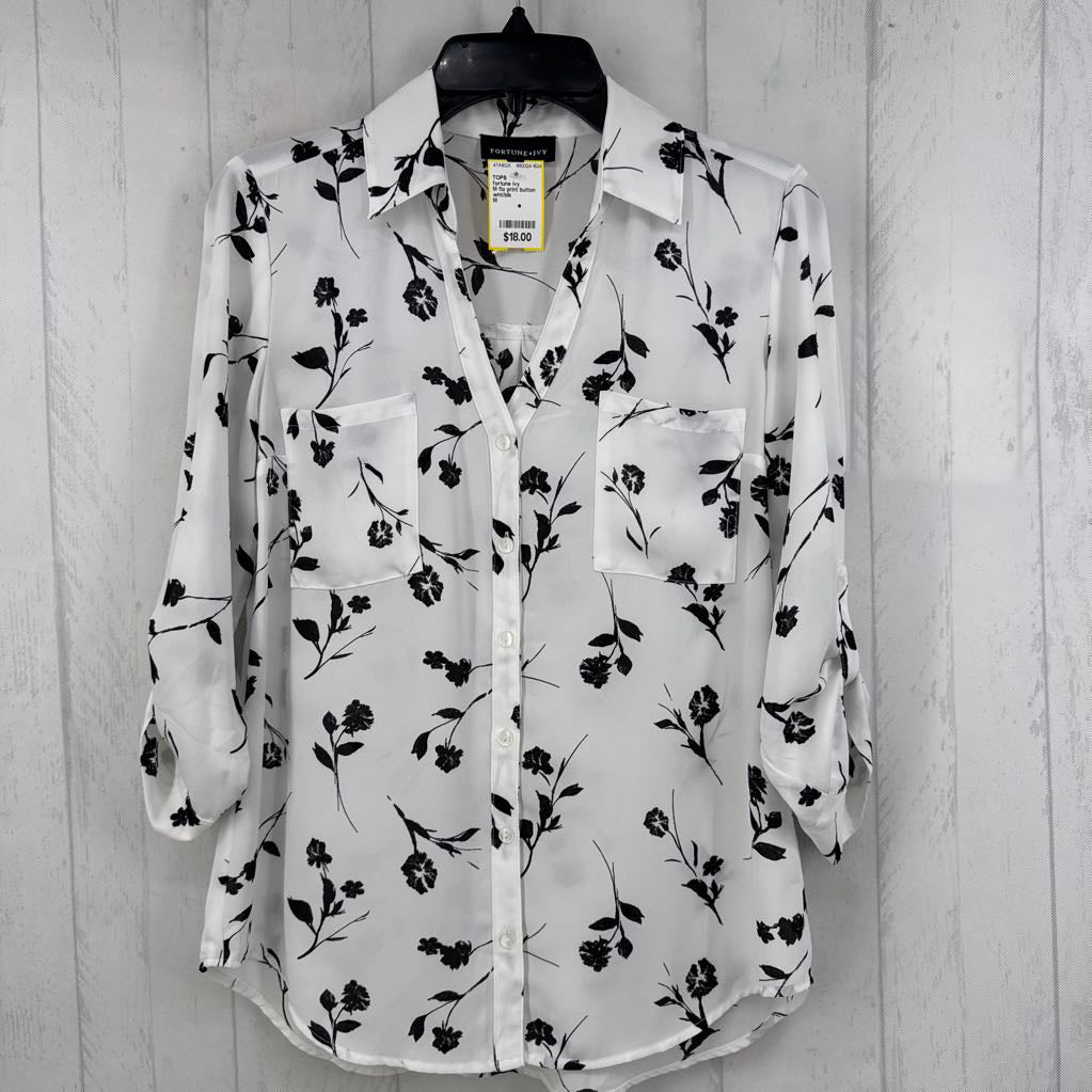 M flo print button down 3/4 slv top