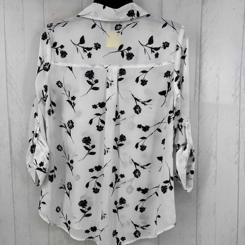 M flo print button down 3/4 slv top
