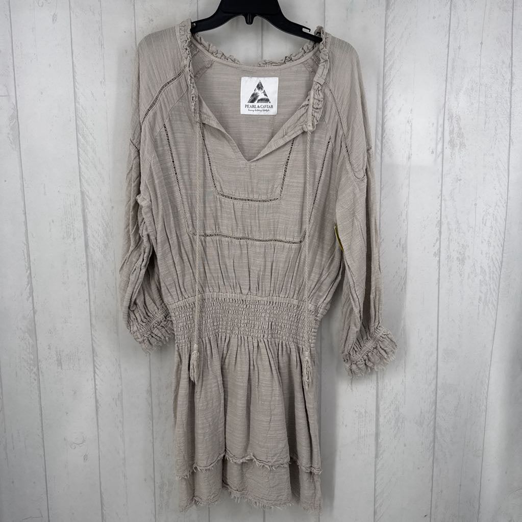 S/M cotton linen blend tassel tie l/s dress