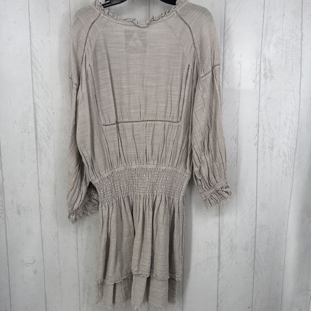 S/M cotton linen blend tassel tie l/s dress