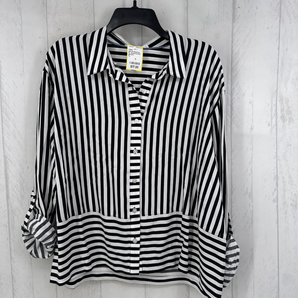 XL striped button down tab slv top