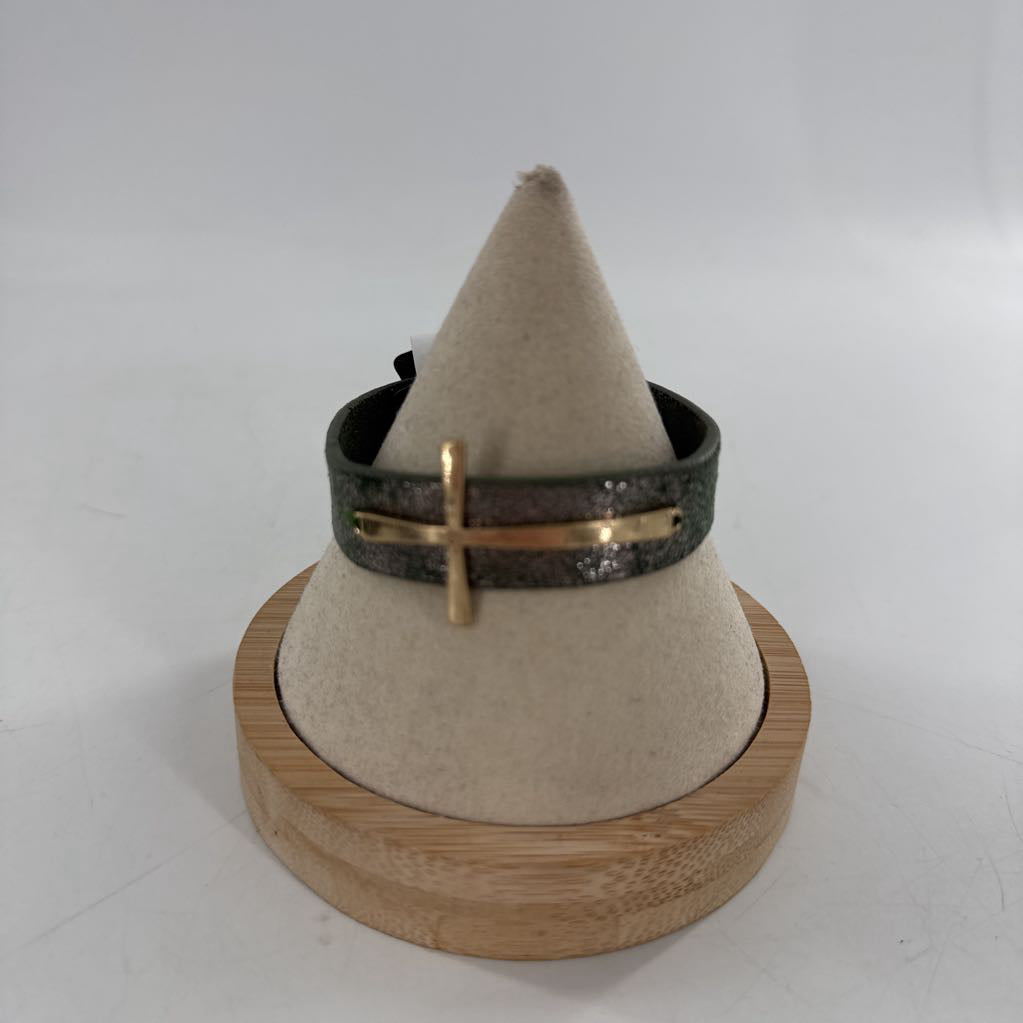leather band w/ gold cross bracelet
