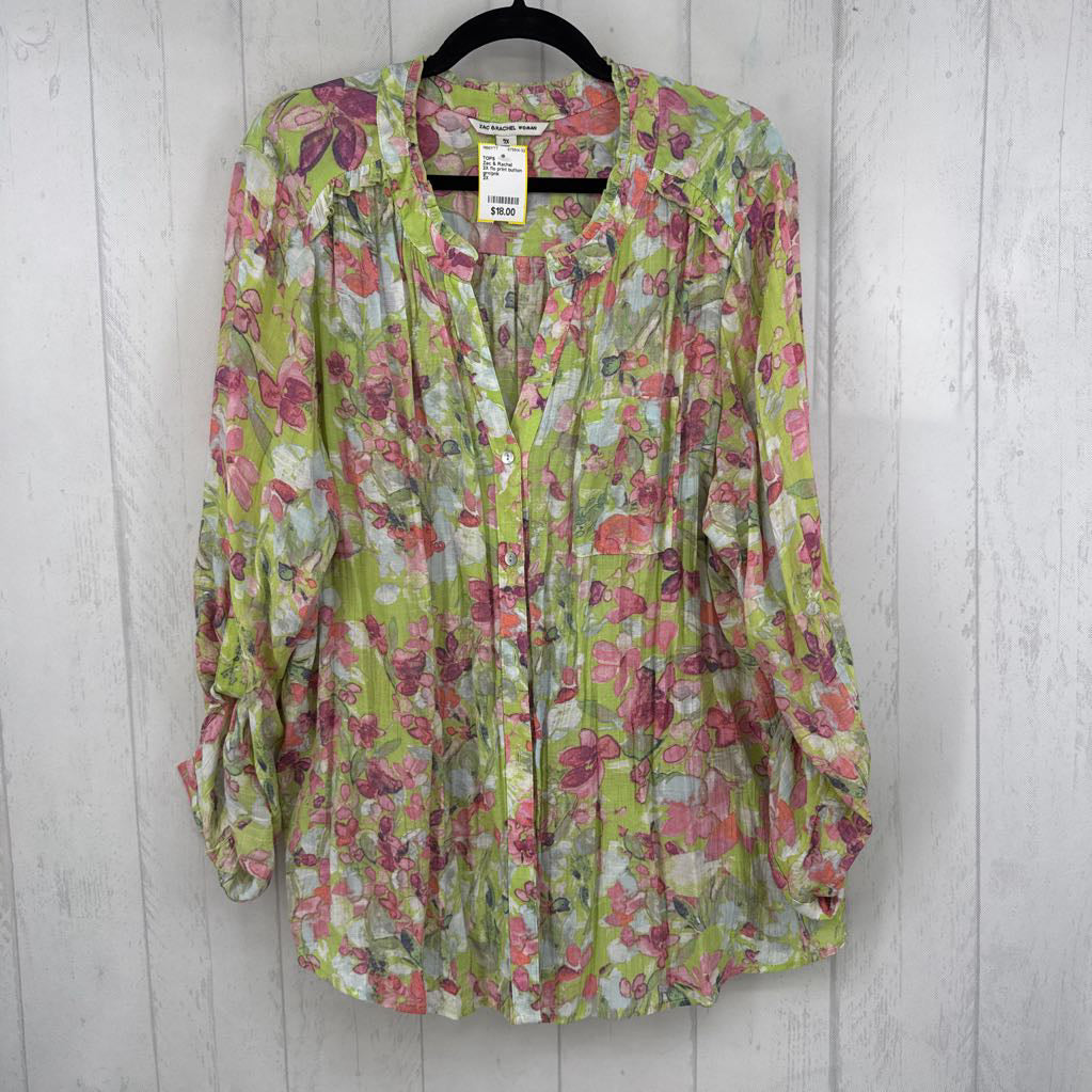 2X flo print button down l/s top