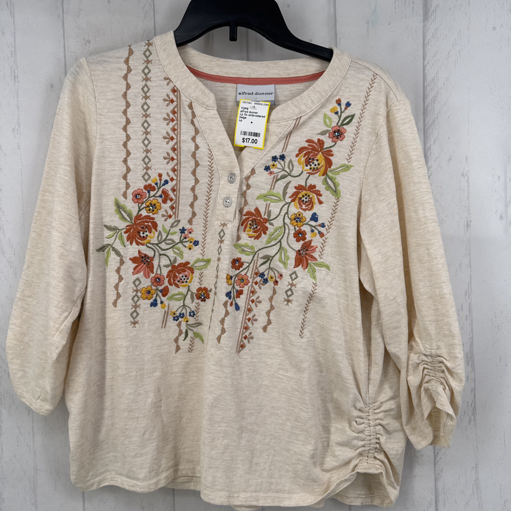 Lp flo embroidered ruched 3/4 slv top