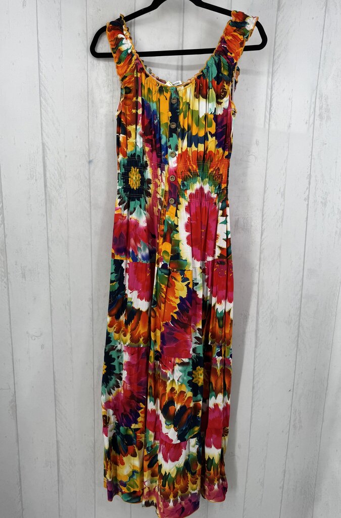 L flo print button down slvls dress