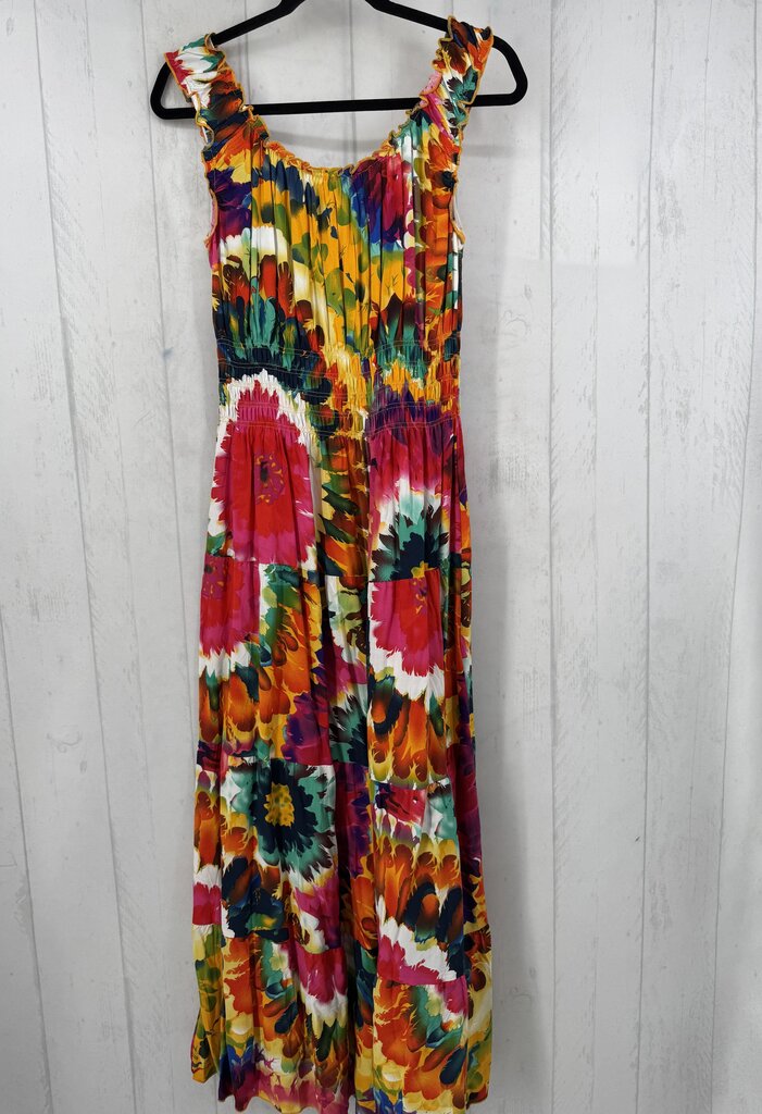L flo print button down slvls dress