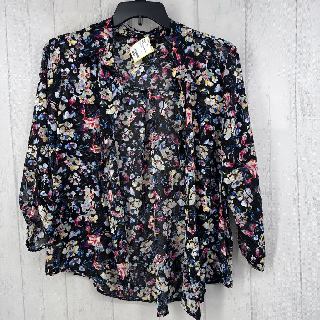 L flo print button down tab slv top