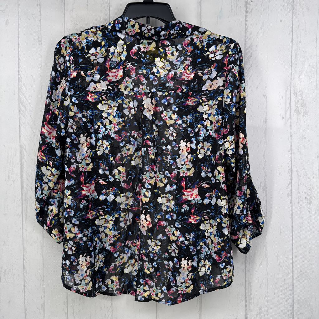 L flo print button down tab slv top