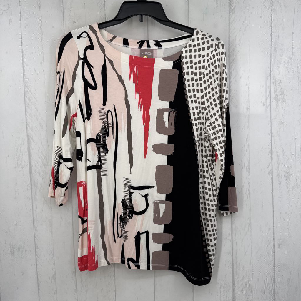 L printed round neck 3/4 slv top