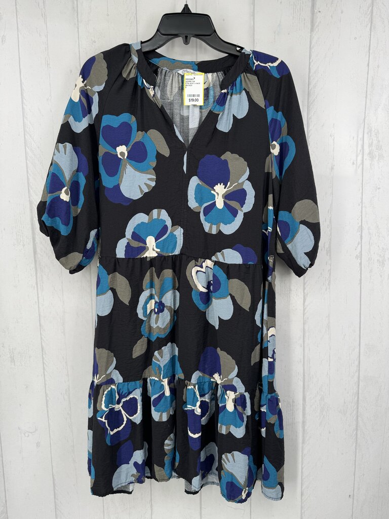 S flo print v-neck 3/4 slv dress
