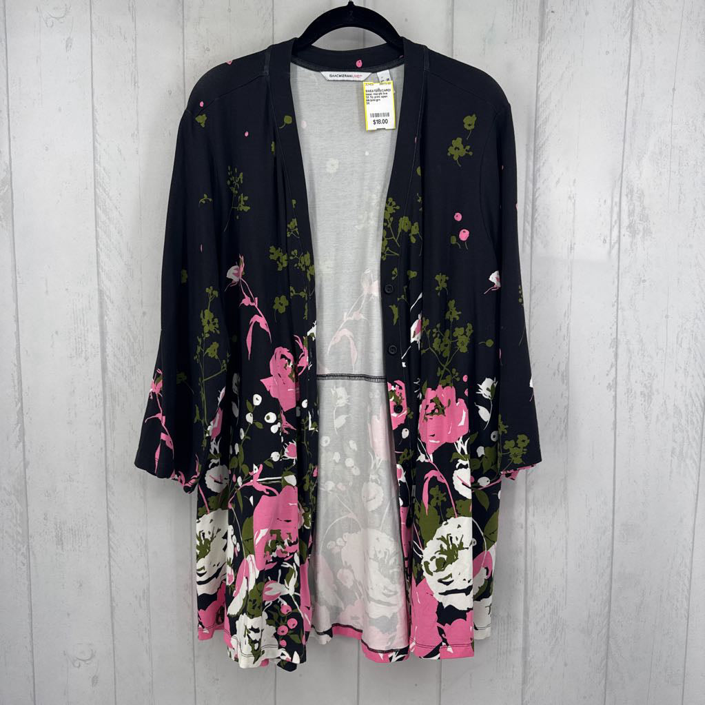 3X flo print open front 3/4 slv cardi