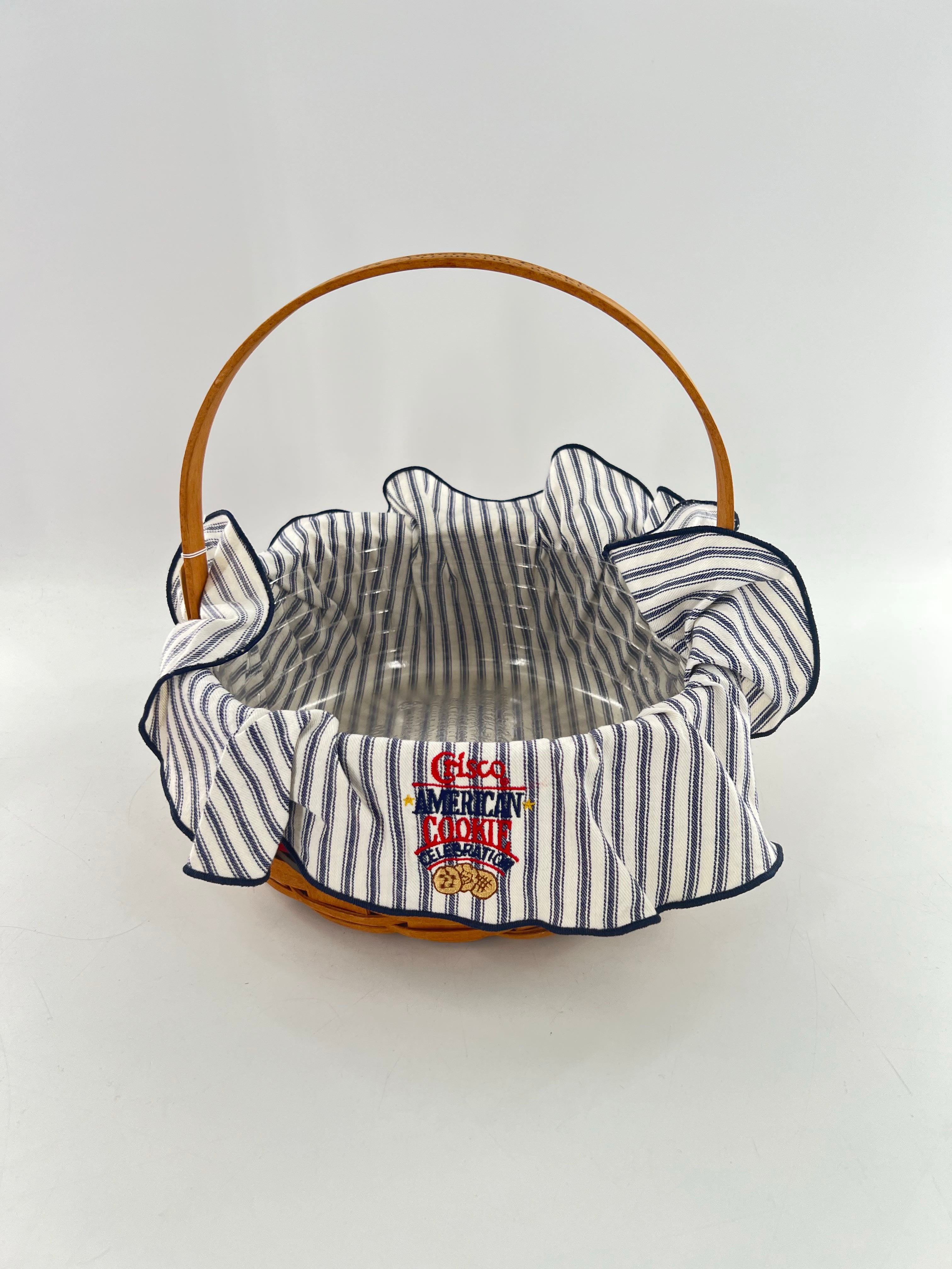 longaberger basket w/navy & white striped liner