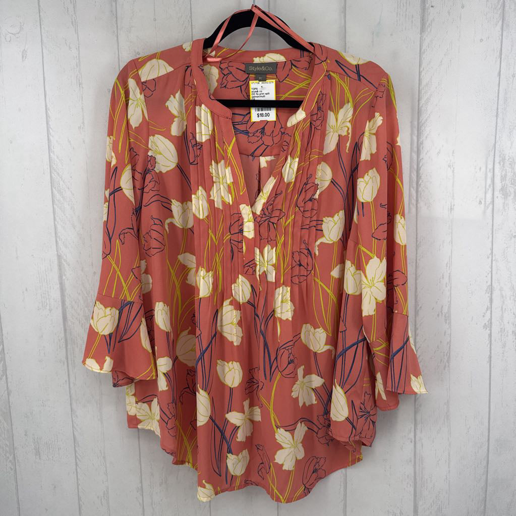 OX flo print split neck 3/4 slv top