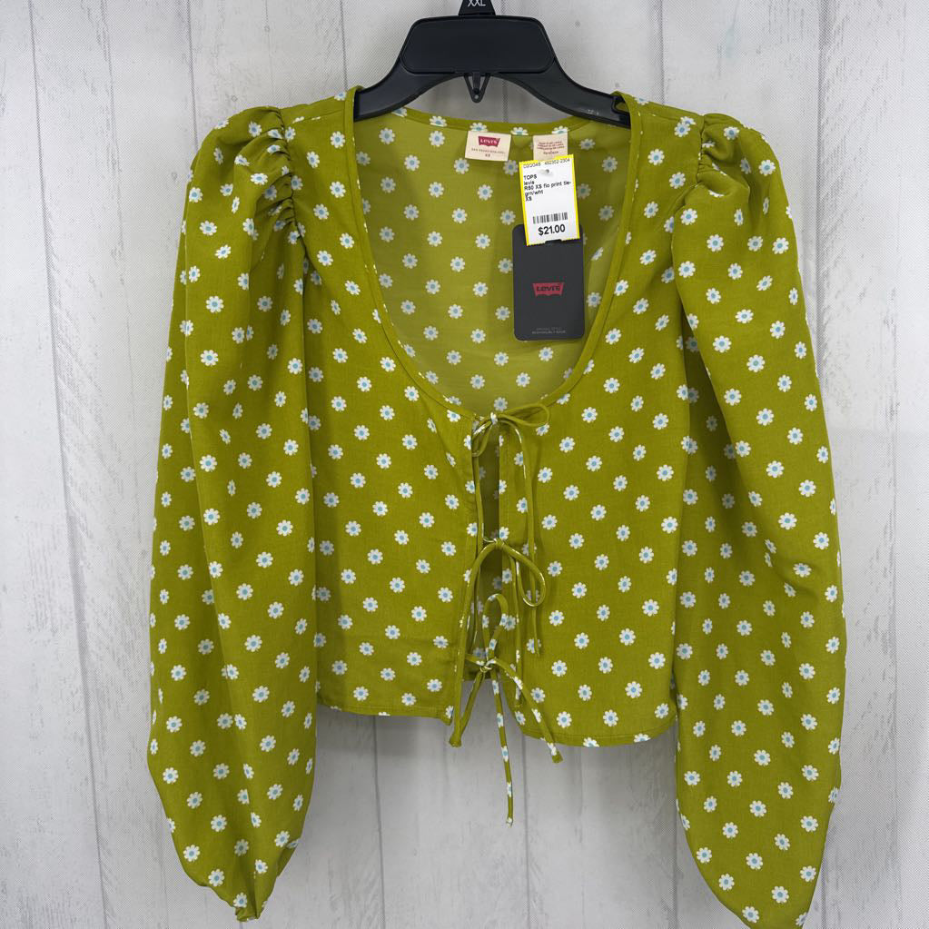 R50 XS flo print tie-front l/s top