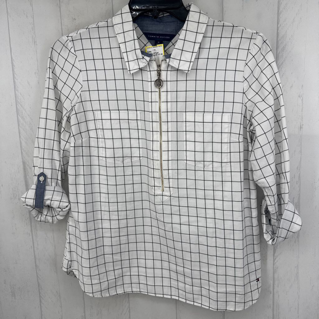 M checkered 1/2 zip tab slv top