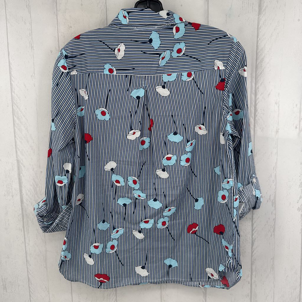 M striped & flo print 1/2 zip tab slv top