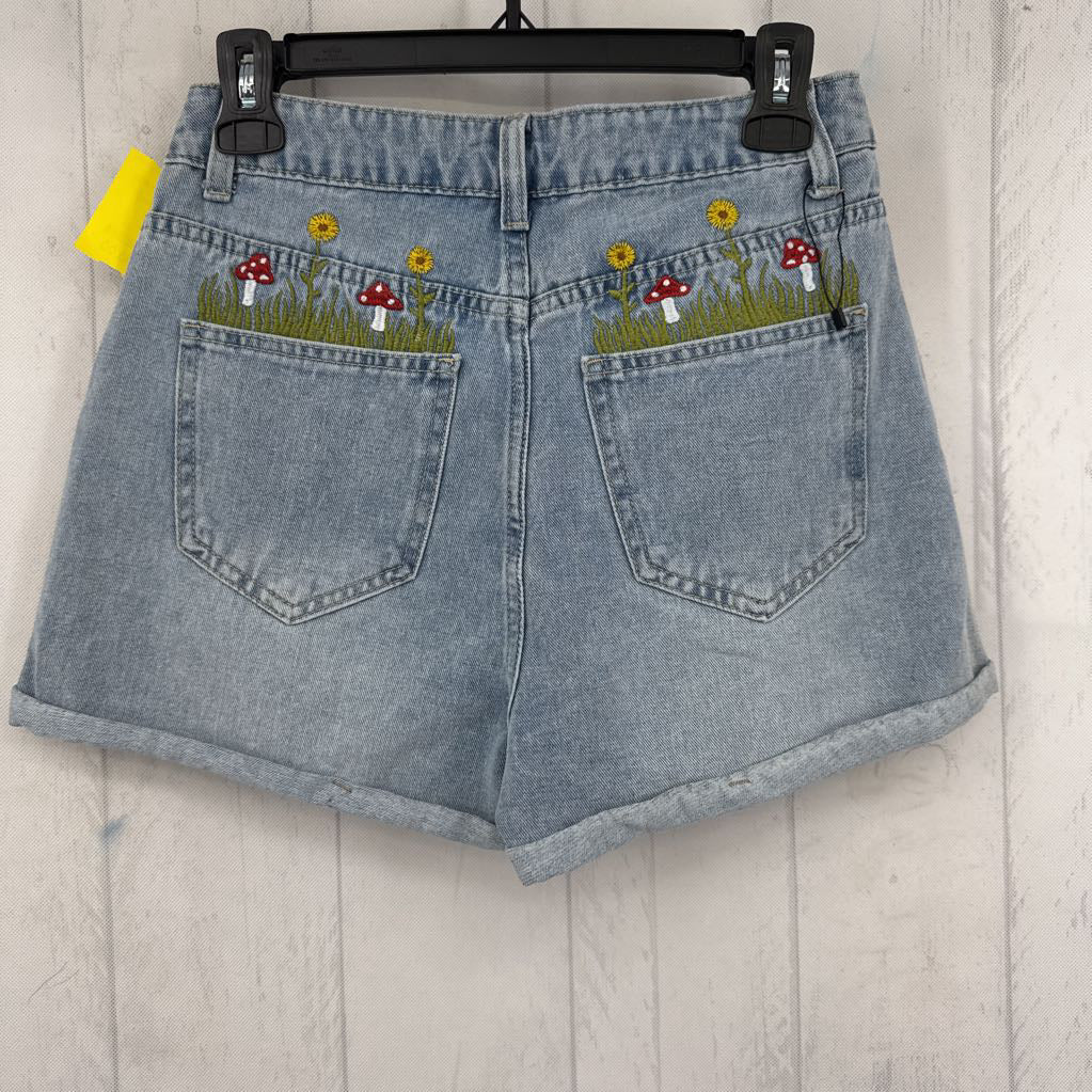 S mushroom embroidered jean shorts