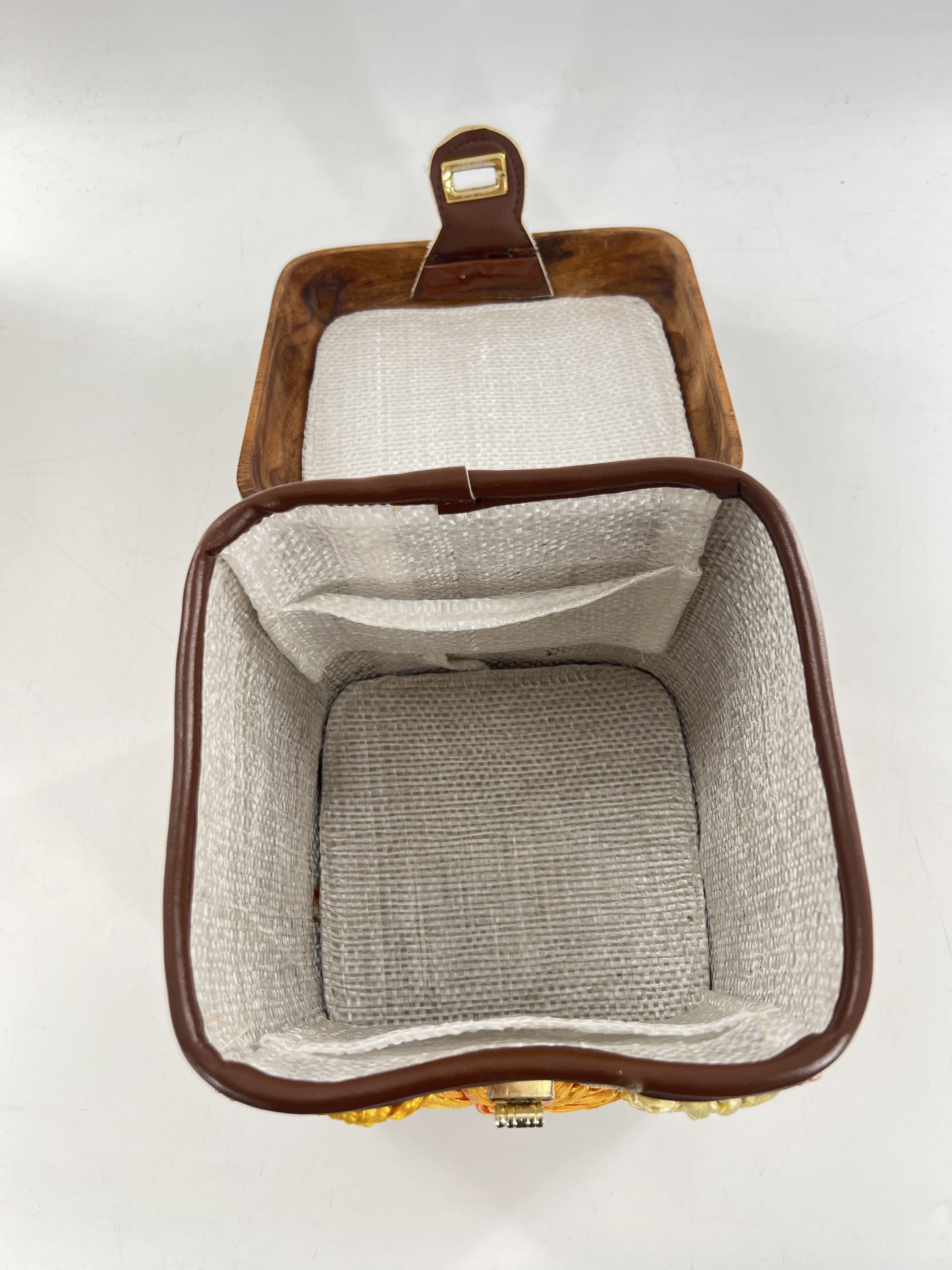 wood floral straw purse